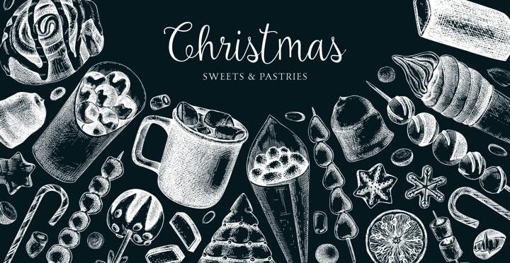 Christmas food background. Christmas market design template. Hand-drawn vector illustration. Hot drinks, candies, cookies, pastries sketches. Winter holiday menu. Sweet food banner on chalkboard